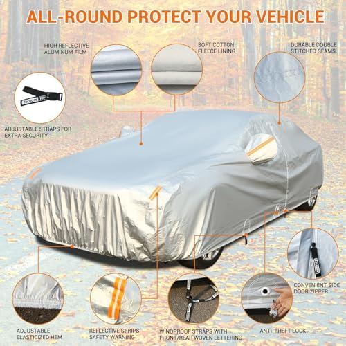 Tecoom Car Cover Waterproof All Weather, 3 Layers Car Covers for Automobiles, Fleece Lining with Zipper Door Lock Full Exterior Covers, Wind Rain Snow Sun Hail Protection Fit for Sedan (191-200 Inch) - Image 2