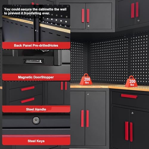 2Pcs Corner Garage Storage Cabinet System,Steel Cabinet,Red Handle - Image 3