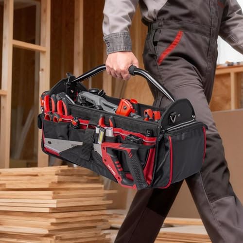 HAUTMEC 18.5" Heavy-Duty Tool Tote, 1680D Open Top Tool Bag with 39-Pockets, Rotating Steel Handle, Padded Shoulder Strap & Water-Resistant Base - HT0178 - Image 4