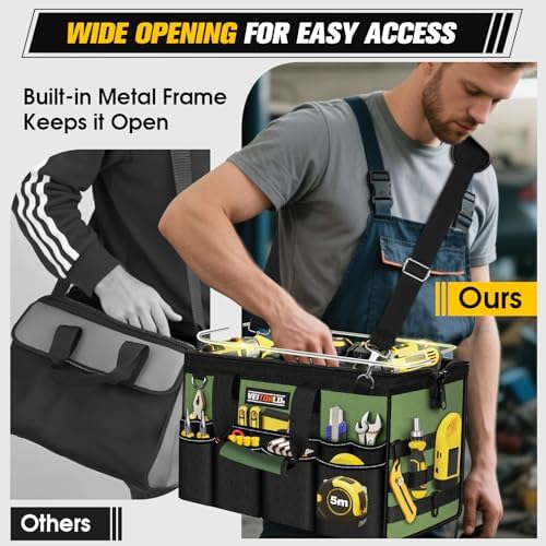 18-Inch Heavy Duty Tool Bag, 19-Pockets Tool Box Organizer, Portable Toolbag W/Soft Handle for Organized Storage, Mechanic Gifts for Men Dad Husband Fathers Day, Wide Mouth Electrician Toolbox, Green - Image 4