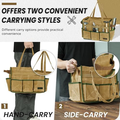 Canvas Tool Bag, 16OZ Waxed Canvas Tool Tote Bag with Metal Zipper & 12-Pocket Design, Multi-Purpose Garden Tool Storage Tote for Electrician Gardener Plumber | Khaki | 14.5"L x 7.5"W x 10"H - Image 4