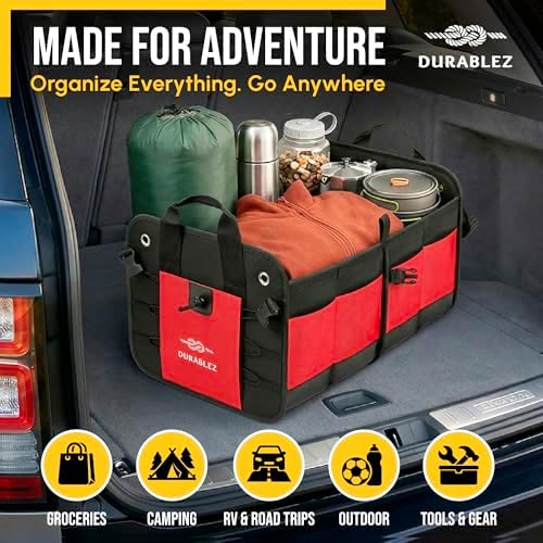 Car Trunk Organizer - Collapsible, Foldable - with Covering Net, Removable Dividers, Attachable Non-Slip Pads, Mounting Straps, and Stainless Hooks - for SUV, Truck, Sedan, Minivan, and Van - Red - Image 2