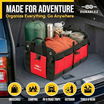 Car Trunk Organizer - Collapsible, Foldable - with Covering Net, Removable Dividers, Attachable Non-Slip Pads, Mounting Straps, and Stainless Hooks - for SUV, Truck, Sedan, Minivan, and Van - Red - Image 2