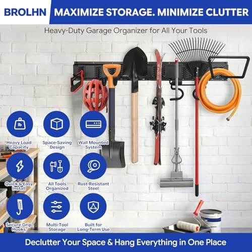 32 Inches Garage Tool Organizer Wall Mount, 480LBS Capacity Garden Tool Storage Rack with Adjustable Garage Hooks for Shovels, Rakes, Brooms, Yard Tools & Workshop Supplies - Image 2