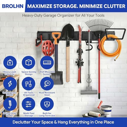 32 Inches Garage Tool Organizer Wall Mount, 480LBS Capacity Garden Tool Storage Rack with Adjustable Garage Hooks for Shovels, Rakes, Brooms, Yard Tools & Workshop Supplies - Image 2