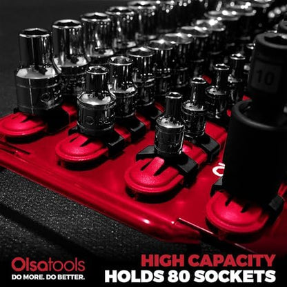 Olsa Tools 80-Slot Portable Socket Organizer Tray With Handle Red/Black - Image 5