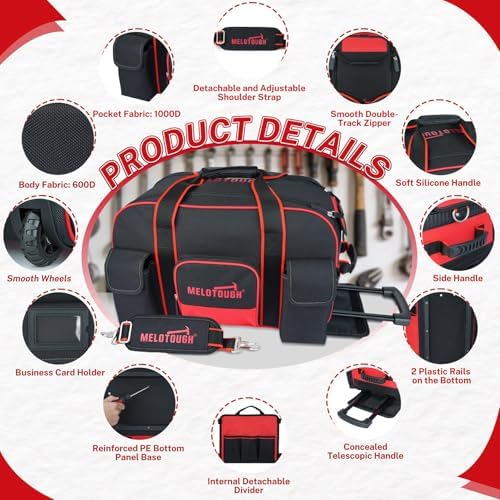 MELOTOUGH Rolling Tool Bag with Wheels, Heavy Duty Large Tool Bag with Concealed Telescoping Handle, Multi-Pocket Organizer for Construction, Electrician, HVAC, Mechanic - 4 Carrying Options (Red) - Image 2