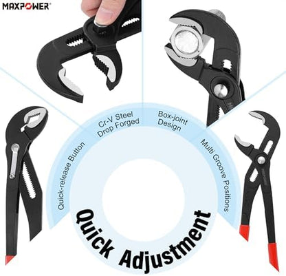 MAXPOWER 7" 10" 16" Water Pump Pliers Set, Push Button V Jaw, Quick Release - Image 5