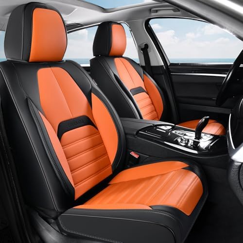 Coverado Car Seat Covers Full Set, Seat Covers for Cars, Automotive Seat Covers, Waterproof Nappa Leather Front Seats and Back Car Seat Protector, Universal Fit for Most Cars SUV Trucks,Black&Orange - Image 2