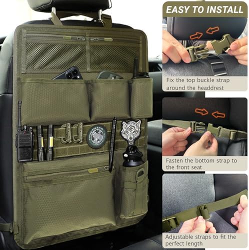 Tactical Car Seat Organizer with Multiple Pockets, MOLLE Panel System & Mesh Compartments, Durable Nylon ​Universal Vehicle Seat Back Storage with Cup Holder, Water-Resistant (Army Green)​ - Image 2