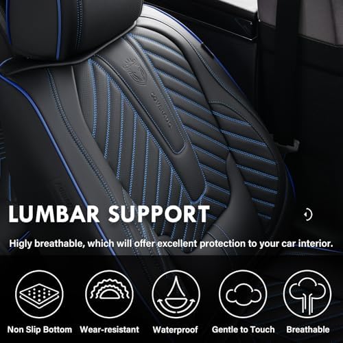 Coverado Car Seat Covers Full Set, Faux Leather Seat Covers for Car, Luxury Automotive Seat Covers Waterproof Car Seat Protector Universal Fit for Most Cars SUV Truck with Lumbar Support(Black&Blue) - Image 6