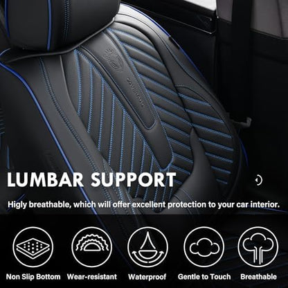 Coverado Car Seat Covers Full Set, Faux Leather Seat Covers for Car, Luxury Automotive Seat Covers Waterproof Car Seat Protector Universal Fit for Most Cars SUV Truck with Lumbar Support(Black&Blue) - Image 6