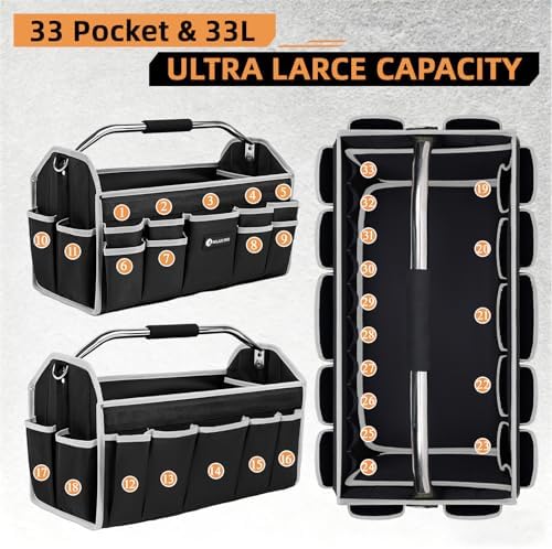 22in Tool Bags For Men Heavy Duty, 33 PCS Pockets Tool Bag Organizer Foldable Open Top Tool Bag With Handle, Wide Mouth Electrician Tool Tote, Grey - Image 3