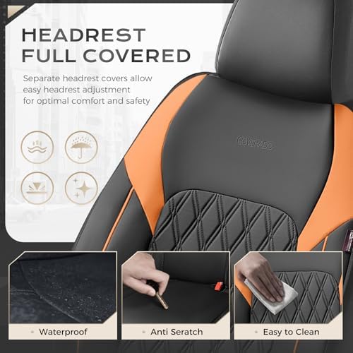 Coverado Seat Covers for Cars, Automotive Seat Covers Front Seats, Waterproof Car Seat Covers, Car Seat Cushion, Faux Leather Car Seat Protector Carseat Cover Universal Fit Most Cars, Black&Orange - Image 3
