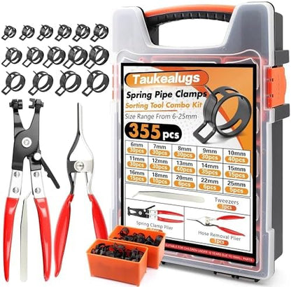 355PCS 17 Sizes Spring Band Hose Clamps Assortment with Two Pliers Tool by TAUKEALUGS