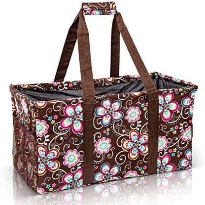 Extra Large Utility Tote Bag - Oversized Collapsible Reusable Wire Frame Rectangular Canvas Basket With Two Exterior Pockets For Beach, Pool, Laundry, Car Trunk, Storage - Brown Daisy by Lucazzi