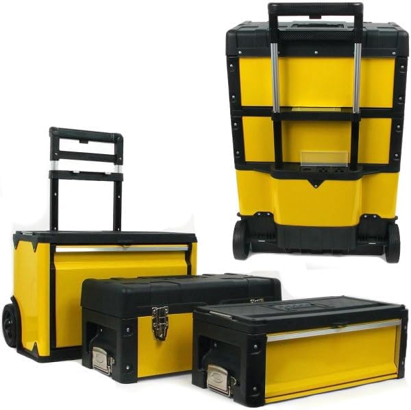 Portable Tool Box on Wheels - Stackable 3-in-1 Chest for Workshops and Craft Rooms - Foldable Comfort Handle and Latches by Stalwart (Black/Yellow) - Image 4