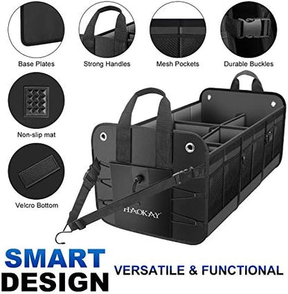 HAOKAY Car Trunk Organizer with Lid，Heavy Duty Extra Large Premium Black Oxford Multi Compartments Collapsible trunk organizer for SUV, Van, Truck, Sedan, Jeep （90L - Image 2