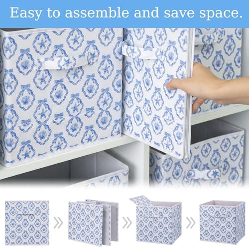 Geelin 6 Pcs Blue Bow Seashell Storage Bin 11 in Storage Basket with Handle - Image 3