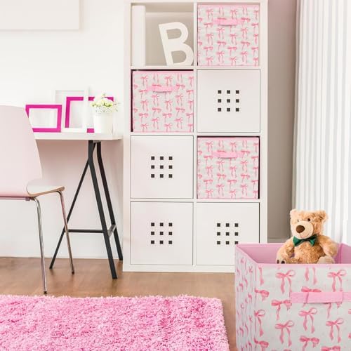 6 Pcs Pink Bow Cube Storage Bins 12.5 Inch Pink Storage Basket with Handle, Preppy Girls Organizer Basket, Collapsible Fabric Box for Classroom Bedrooms Office Home Decoration (Bow) - Image 4