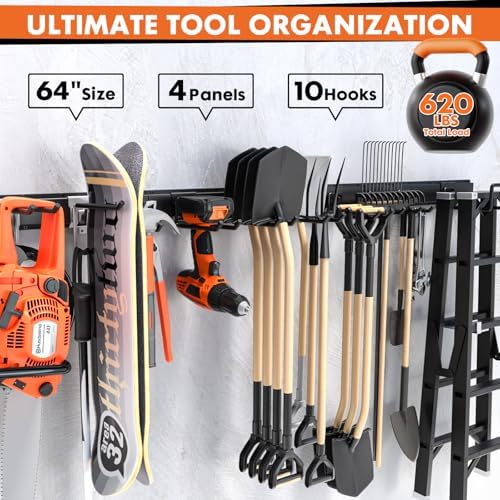 64'' Garage Tool Organizer Wall Mount, 620lbs Heavy Duty Metal Storage Rack | Adjustable Hooks Garden Tool Organization System | Anti-Rust Shed Rack for Hanging Shovel, Rake, Broom, Snowboard - Image 5