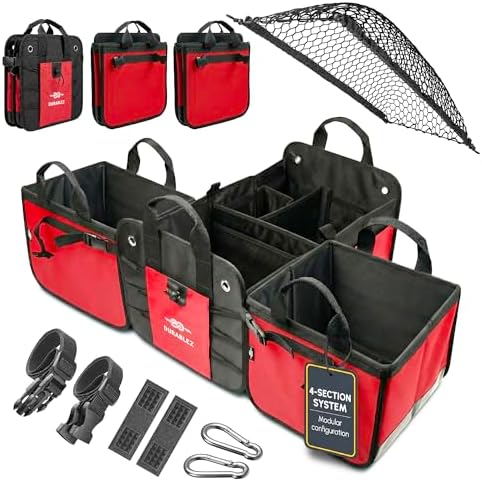 Extra Large Car Trunk Organizer - Trunk Storage - Modular Detachable Configurable Collapsible - for SUV Minivan Truck Sedan Van - 4 Compartment XXL, Red by DURABLEZ