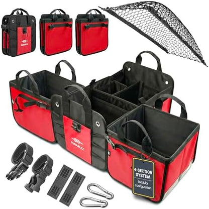 Extra Large Car Trunk Organizer - Trunk Storage - Modular Detachable Configurable Collapsible - for SUV Minivan Truck Sedan Van - 4 Compartment XXL, Red by DURABLEZ