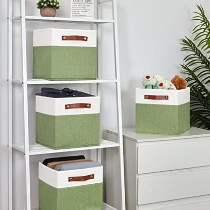 Temary Fabric Storage Bin 11x11 Cube Storage Bins for Home, 4 Pack Fabric Organizer Bins Cube Organizer Bins with Leather Handles Decorative Storage Bins for Shelf (White&Green) - Image 6