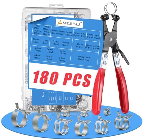 180Pcs 5/16" to 1-1/2"(7-38mm) 24 Size Spring Band Hose Clamps Assortment Kit with Swivel Flat Hose Clamp Plier, SEKSUALA Constant Tension Steel Clamps for Fuel Lines, Silicone,Vacuum Hoses (Grey? by Choosewhatyouneed