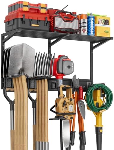 Garage Wall Organizer with Storage Shelves, 32" Garden Tool Organizer with Shelving Units and Hooks Hangers, Heavy Duty Metal Shelf with Shovel Rake Holder, Garage Organization Rack for Yard Shed Lawn by Olakee