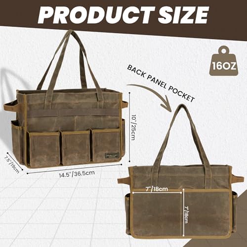 Canvas Tool Tote Bag, Heavy Duty 16oz Waxed Canvas Tool Pouch with Metal Zipper & 12-Pocket | Multi-Purpose Garden Tool Storage Carrier for Gardener Craftsman Contractor | Brownish Grey - Image 2