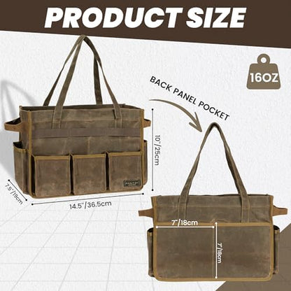 Canvas Tool Tote Bag, Heavy Duty 16oz Waxed Canvas Tool Pouch with Metal Zipper & 12-Pocket | Multi-Purpose Garden Tool Storage Carrier for Gardener Craftsman Contractor | Brownish Grey - Image 2
