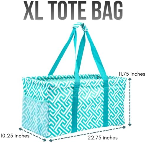 Extra Large Utility Tote Bag - Oversized Collapsible Reusable Wire Frame Rectangular Canvas Basket With Two Exterior Pockets For Beach, Pool, Laundry, Car Trunk, Storage - Geometric Teal - Image 4