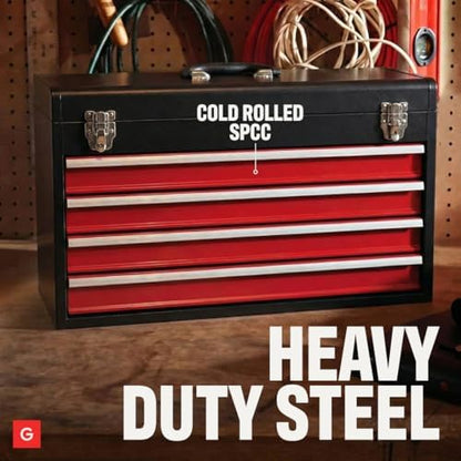 4-Drawer Tool Box with Drawers - Portable Metal Tool Box for Mechanics - Heavy Duty Steel Tool Chest with Locking Latches and Top Storage Compartment, Red/Black - Image 5