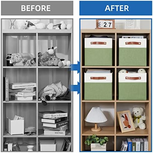Temary Fabric Storage Bin 11x11 Cube Storage Bins for Home, 4 Pack Fabric Organizer Bins Cube Organizer Bins with Leather Handles Decorative Storage Bins for Shelf (White&Green) - Image 7