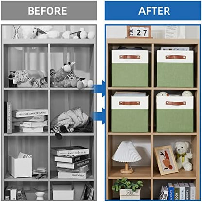 Temary Fabric Storage Bin 11x11 Cube Storage Bins for Home, 4 Pack Fabric Organizer Bins Cube Organizer Bins with Leather Handles Decorative Storage Bins for Shelf (White&Green) - Image 7