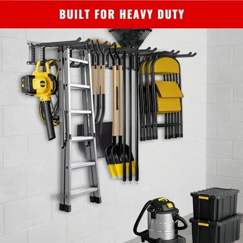 Garage Tool Organizer Wall Mount, Easy to 64inch Install Heavy-Duty Garage Storage System with 12 Adjustable Hooks, Garden Tool Rack for Shovels, Rakes, Yard Tools - Image 7