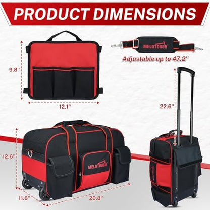 MELOTOUGH Rolling Tool Bag with Wheels, Heavy Duty Large Tool Bag with Concealed Telescoping Handle, Multi-Pocket Organizer for Construction, Electrician, HVAC, Mechanic - 4 Carrying Options (Red) - Image 3
