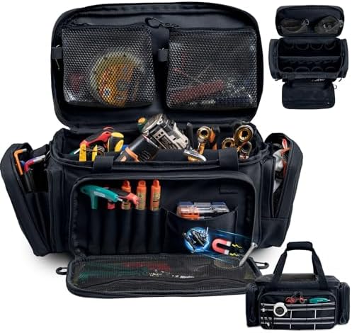 Heavy Duty Tool Bag Organizer with Strong Magnets & Detachable Pouches, Tactical Tool Tote for Men, Multiple Pockets, Anti-Friction Bottom Utility Tool's Bag for Electrician,Mechanic by FRECOLSH