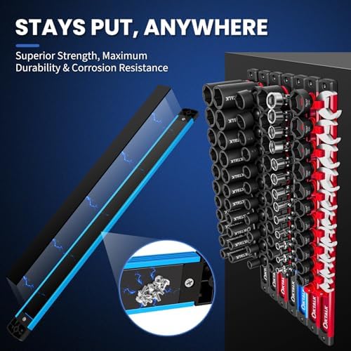 8PC Magnetic Socket Organizer Set, for 1/2″ 3/8″ 1/4″ Drive with 3 Black 3 Red 2 Blue Trays, 360° Swivel Removable Clips, Heavy Duty Aluminum Alloy Rail for Tool Box Drawer - Image 2