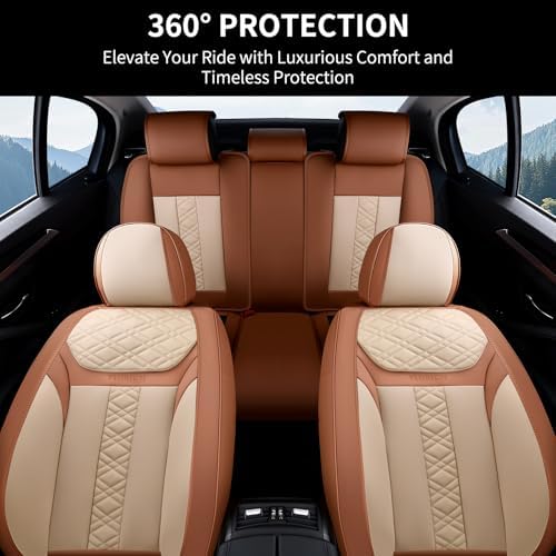 FLORICH Seat Covers, Atomutive Car Seat Covers Full Sets, Waterproof Seat Cover for Cars, Luxury Leather Universal Seat Cover Accessories Fit for Most Cars SUV Truck Sedans(Beige) - Image 3