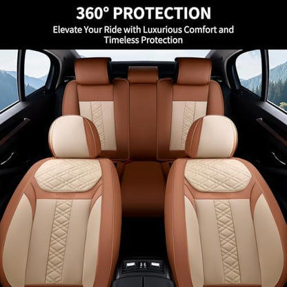 FLORICH Seat Covers, Atomutive Car Seat Covers Full Sets, Waterproof Seat Cover for Cars, Luxury Leather Universal Seat Cover Accessories Fit for Most Cars SUV Truck Sedans(Beige) - Image 3
