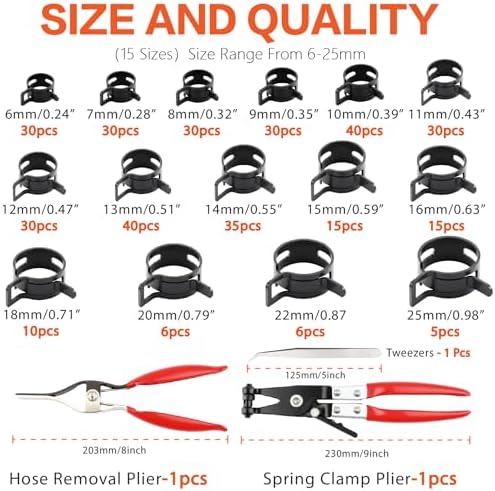 352Pcs Spring Band Hose Clamp Kit, 6-25mm 15 Sizes 65Mn Carbon Steel with Swivel Jaw Pliers & Removal Tool for Fuel Line, Coolant, Vacuum, Radiator, Silicone Hose - Automotive, Marine, DIY - Image 2