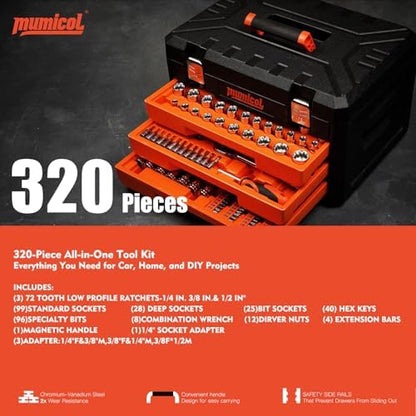 Mechanic Tool Set, Socket Set, 320-Pcs Professional Mechanics Tool Set & Metric and Standard Socket Set, 1/4″ 3/8″ 1/2″ Drive with 72-Tooth Ratchet, Car Mechanic Tool Kit for Automotive Repair - Image 2