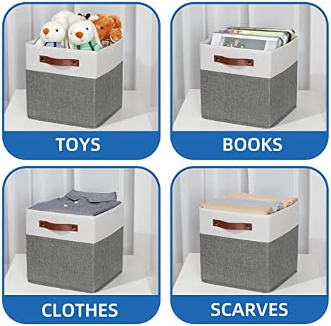 Temary Cube Storage Bins 4 Pack Storage Cubes 11?11 Fabric Storage Bins Foldable Cube Storage Baskets with Handles, Collapsible Storage Basket for Shelf (White & Grey, 11 x 11 x 11) - Image 4