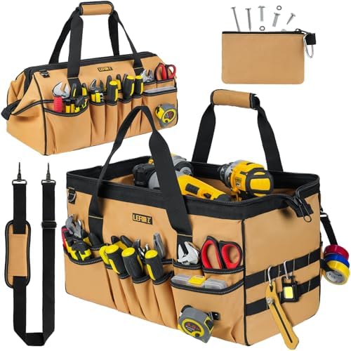 18.5-Inch Tool Bag,43 Pockets Tool Bags for Men,Heavy Duty Tool Box Organizer Storage,Wide Mouth Toolbag Tools Tote Carrying Case for Dad,Mechanic,Electrician,Brown,Bag Only by LEFOR%C2%B7Z