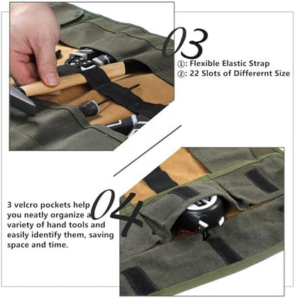 Wrench Tool Roll, Heavy Duty Waxed Canvas Multi-purpose Tool Pouch Bag With 25 Pockets, Easy Storage, Durable (Khaki) - Image 4