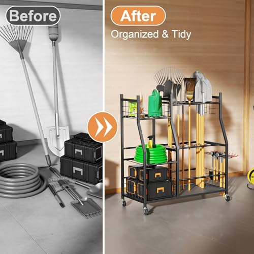 Garden Tool Organizer with Wheels for Garage, Freestanding Garage Tool Organizer, Yard Tool Holder, Garden Tool Cart for Long Handled Tools,Rakes, Brooms, Yard Storage Rack for Shed, Indoor, Outdoor - Image 6