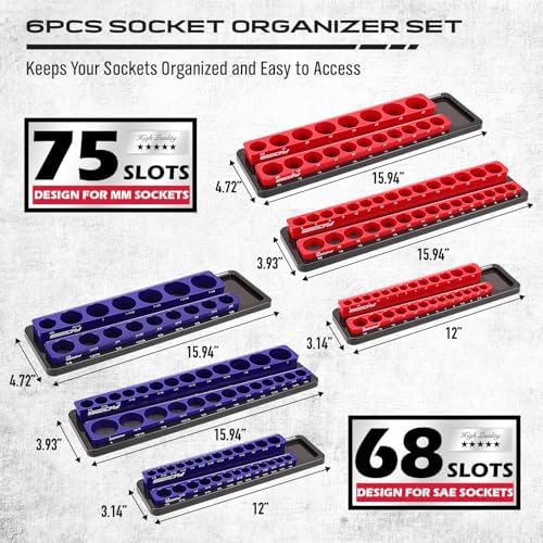 8-Piece Magnetic Socket and Wrench Organizer Set, Metric & SAE, 1/4", 3/8", 1/2"Drive Detachable Socket Storage Tray, 24-Slot Wrench Holder with Non-Slip Handle & Lock Cover for Toolbox Drawer Storage - Image 2
