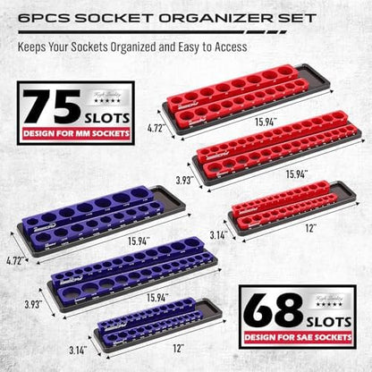 8-Piece Magnetic Socket and Wrench Organizer Set, Metric & SAE, 1/4", 3/8", 1/2"Drive Detachable Socket Storage Tray, 24-Slot Wrench Holder with Non-Slip Handle & Lock Cover for Toolbox Drawer Storage - Image 2